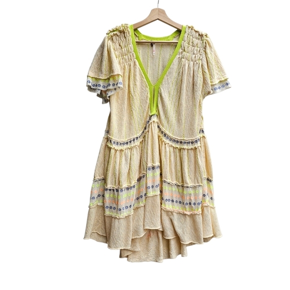 Free People Dresses & Skirts - Free People Creamy Tiered Ruffle Mini Dress Knit V-Neck Smocked Ethereal XS/S